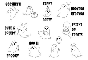 Vector Halloween Ghosts With Text, Halloween Decors, Ghosts Illustration, Hand drawn, Cute Ghosts, Kawaii Ghosts, Cartoon Ghosts, Happy Ghosts, Party Ghost, No Boosheet Ghost