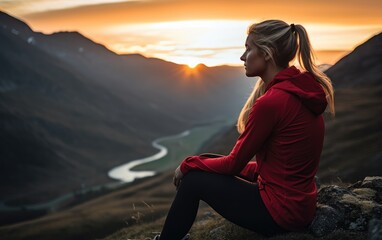 Athletic woman resting after a hard training in the mountains at sunset