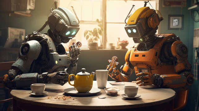 Two robots have tea and eat human-shaped biscuits. In the background, we can see a portrait of Alan Turing, a pioneer of Artificial Intelligence - Generative AI