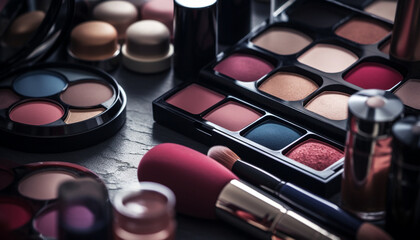 Beauty collection set  eyeshadow palette, lipstick, mascara, paintbrush, colors generated by AI