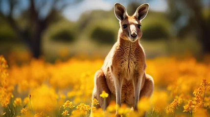 Selbstklebende Fototapeten a kangaroo standing in a meadow with sunny weather © Daisha