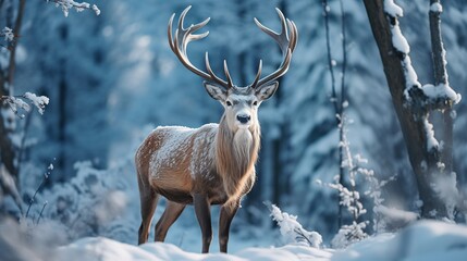 group of deer in winter forest under snowfall