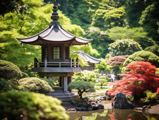 A serene Japanese garden showcasing a magnificent pagoda surrounded by lush greenery.