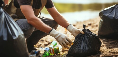 Dedicated volunteer cleans river park, diligently picking up plastic garbage for a cleaner environment - obrazy, fototapety, plakaty