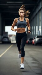 young woman jogging in a parking lot