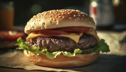 Grilled cheeseburger on rustic bun with fresh tomato and onion generated by AI