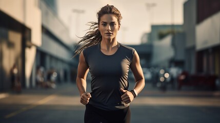young woman jogging in a parking lot