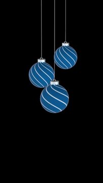 Blue decorated Christmas baubles swinging on transparent background. Endless loop. 