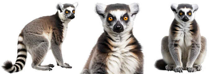 ring tailed lemur collection (portrait, sitting, standing), animal bundle isolated on a white background as transparent PNG