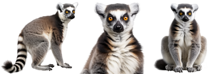 ring tailed lemur collection (portrait, sitting, standing), animal bundle isolated on a white background as transparent PNG