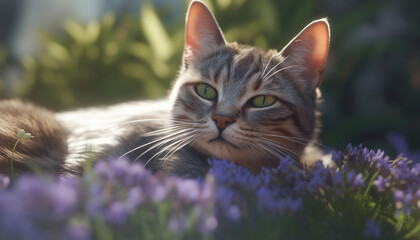 Naklejka na ściany i meble Fluffy kitten sitting in meadow, staring at green beauty generated by AI