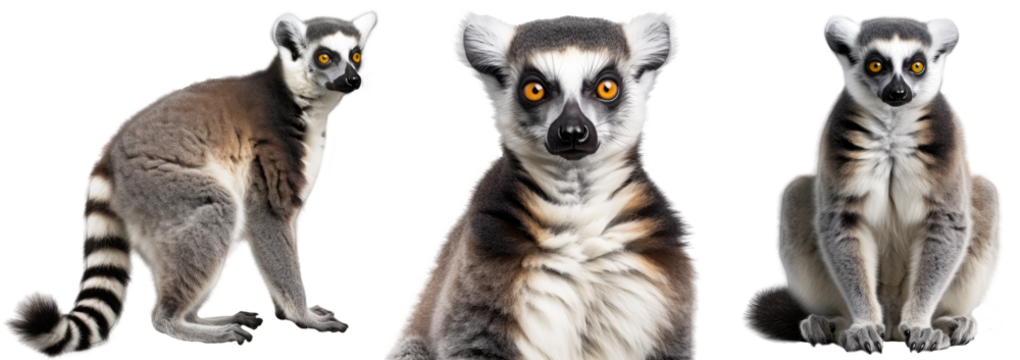 ring tailed lemur collection (portrait, sitting, standing), animal bundle isolated on a white background as transparent PNG