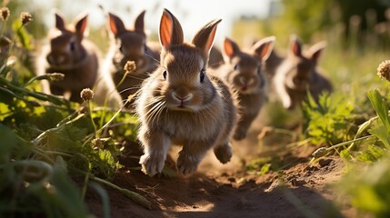 wild rabbits are running around in the meadowin the meadow