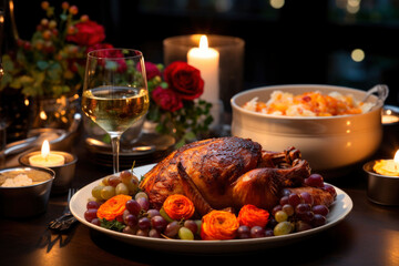 Thanksgiving dinner is served at this rustic table, featuring a sumptuous turkey and a welcoming ambiance for family and friends. - obrazy, fototapety, plakaty