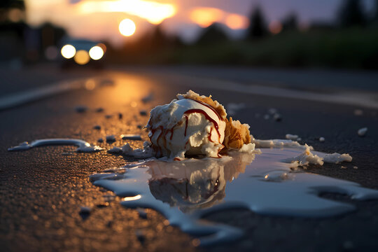 A once-delicious ice cream cone now lay forlorn on the unforgiving roadway, its vibrant colors and delightful flavors transformed into a puddle of sweet, sticky sorrow