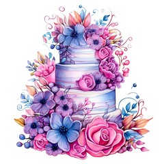 Colorful tier cake with flowers on a white background.