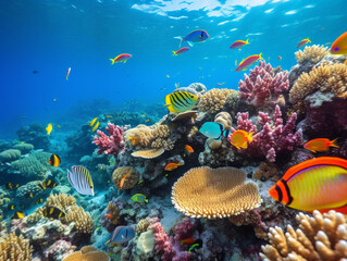 Obraz na płótnie Canvas A colorful and lively underwater coral reef bustling with diverse marine creatures and plants.