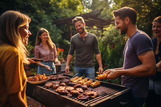 a group of people standing around a barbecue grill with food on it