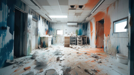 Demolished and destroyed interior of a rage room, anger relief strategy - obrazy, fototapety, plakaty