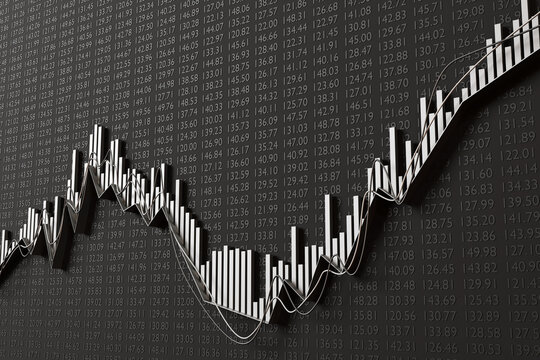 Silver line graph, bar chart and analytical trend lines on black background having stock quotes. Illustration of the concept of investment
