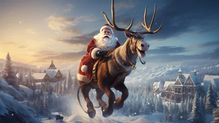 Fotobehang A man with a white beard, Santa Claus flies across the sky in a sleigh and with reindeer. Festive character symbol of Christmas and New Year. Good-natured active old man. © Marynkka_muis