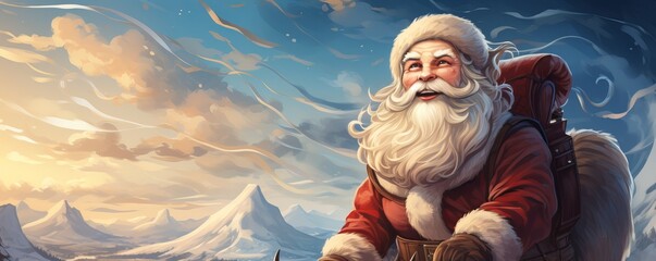 A man with a white beard, Santa Claus flies across the sky in a sleigh and with reindeer. Festive character symbol of Christmas and New Year. Good-natured active old man. - obrazy, fototapety, plakaty