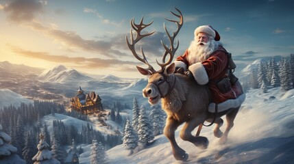 A man with a white beard, Santa Claus flies across the sky in a sleigh and with reindeer. Festive character symbol of Christmas and New Year. Good-natured active old man. - obrazy, fototapety, plakaty