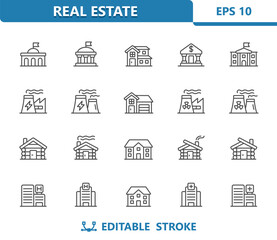 Buildings Icons. House, Home, School, Factory, Cabin, Hospital