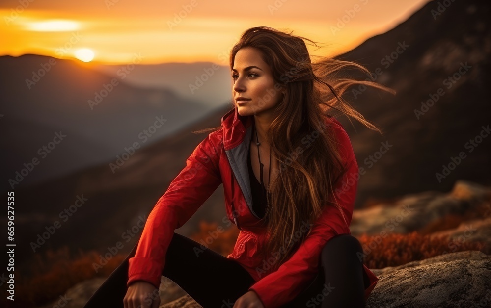 Poster Athletic woman resting after a hard training in the mountains at sunset