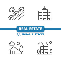 Real Estate Icons. House, Home, Houses, Street, Neighborhood, Town, City, Apartment Building Icon