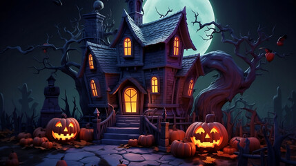 Halloween Night house. Pumpkin head jack lantern with full moon. 
