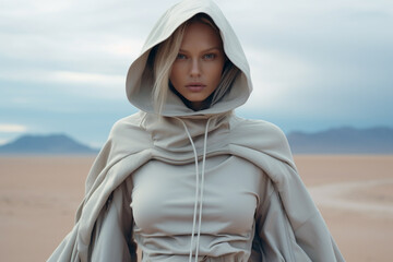 Sun Safety Chic: Woman in Hooded Dress for Ultimate Sun, Wind, and UV Protection. High-Tech Fashion and Outdoor Lifestyle concept