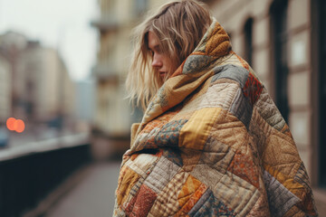 Cozy Fall Fashion: Embracing Comfort in Chilly Weather. Staying warm in cold in autumn weather. - obrazy, fototapety, plakaty