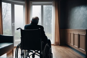 Senior man disabled sitting alone in wheelchair looking through window at hospital, lonely elder thoughtful sad old man look outside in bedroom at retirement home, feel depressed lonely - obrazy, fototapety, plakaty