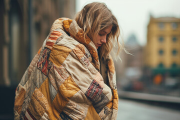Woman Wrapped in a Quilt as a Coat. Hating cold weather, Autumn Season Depression Concept. - obrazy, fototapety, plakaty