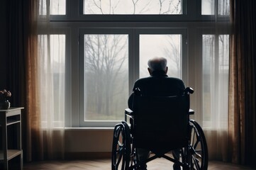 Senior man disabled sitting alone in wheelchair looking through window at hospital, lonely elder thoughtful sad old man look outside in bedroom at retirement home, feel depressed lonely