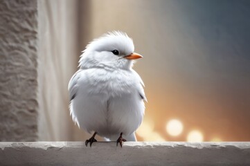 small white fluffy bird sitting on top of a cement wallwith sea background