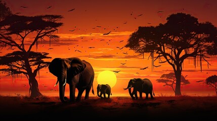 Fototapeta na wymiar African elephants are walking on the grassland at sunset or sunrise