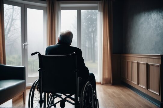 Senior man disabled sitting alone in wheelchair looking through window at hospital, lonely elder thoughtful sad old man look outside in bedroom at retirement home, feel depressed lonely
