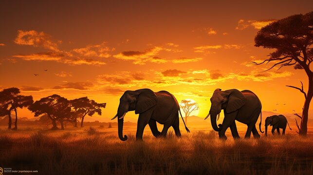 African elephants are walking on the grassland at sunset or sunrise