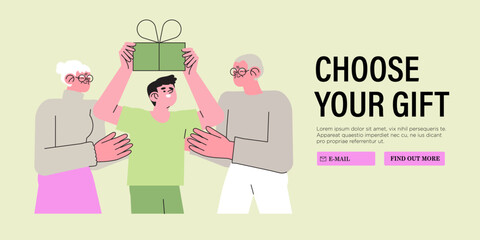 Grandparents visit their grandchildren on holidays and present him with gift box. Kid visit old grandma and grandpa. Happy grandmother, grandfather and children family vector portrait. Senior parents.