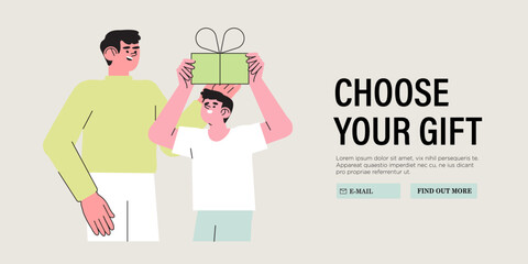 Father give birthday gift box to his son. Father or brother surprise boy with birthday present. Vector illustration of family holiday celebration. Happy children and parents celebrate together.