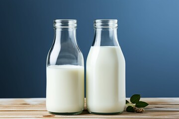 Healthy dairy duo milk bottle and glass on white wood, blue backdrop