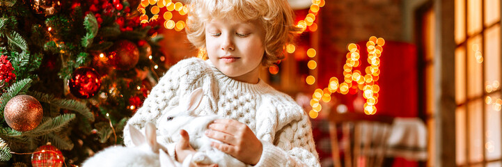 little kid boy with blond hair and blue eyes in beautiful knitted clothes sits in living room near Christmas tree in chalet with white small rabbits for family celebration of Christmas and New Year