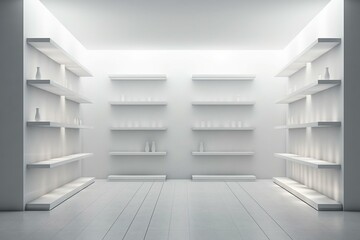 Empty shelves with display showcases. White background. Warehouse racks. 3D rendering. Generative AI