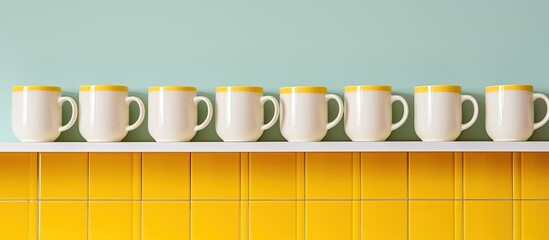 White plates and yellow cups on the kitchen shelf
