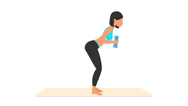 Dumbbell triceps kickbacks exercise tutorial. Female workout on mat. Fitness woman exercising. Looped 2D animation with young girl character training. Sport and healthy lifestyle concept.