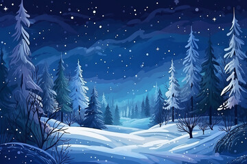 Fototapeta na wymiar Painted picture of snowy winter night forest