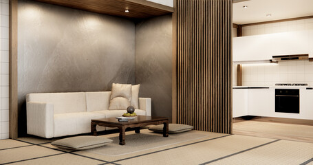 Fototapeta na wymiar Mockup Muji kitchen room japanese style minimal interior.3D rendering