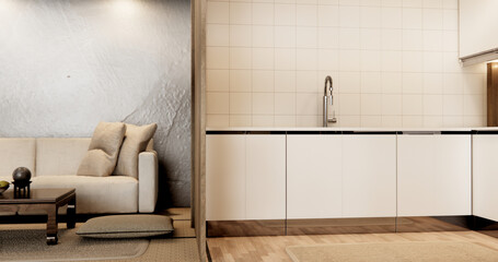 Mockup Muji kitchen room japanese style minimal interior.3D rendering